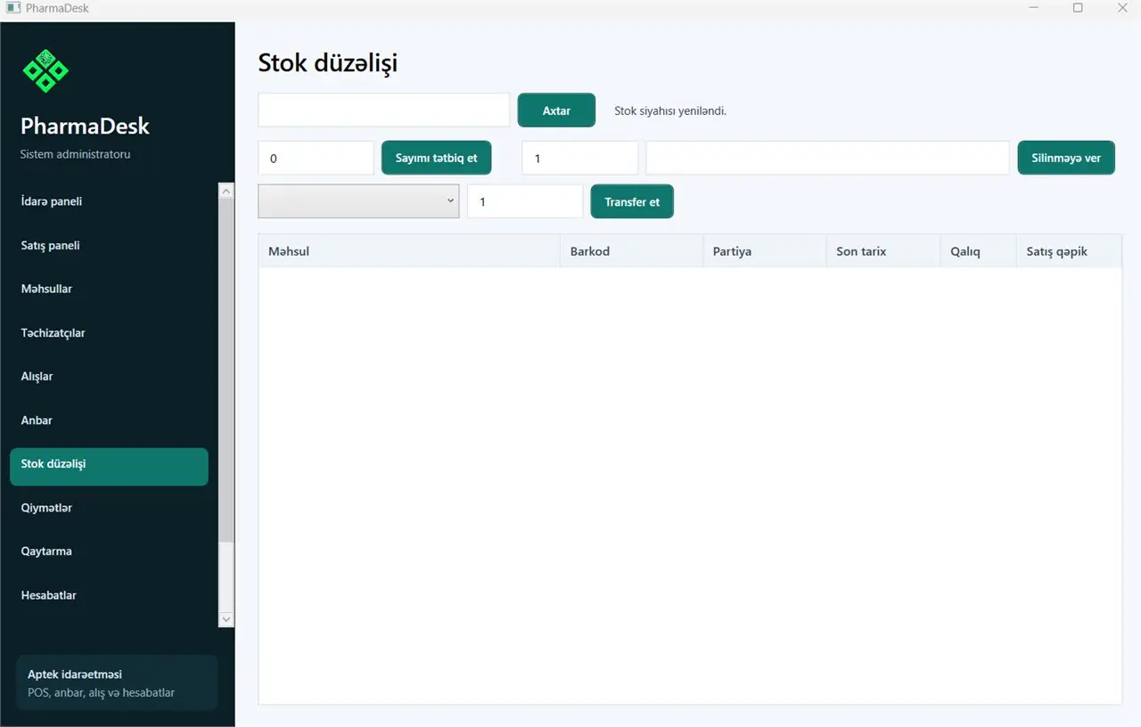 Stok düzəlişi - Aptek idarəetmə sistemi