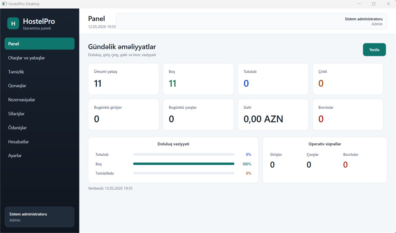 Hostel idarəetmə sistemi dashboard görüntüsü