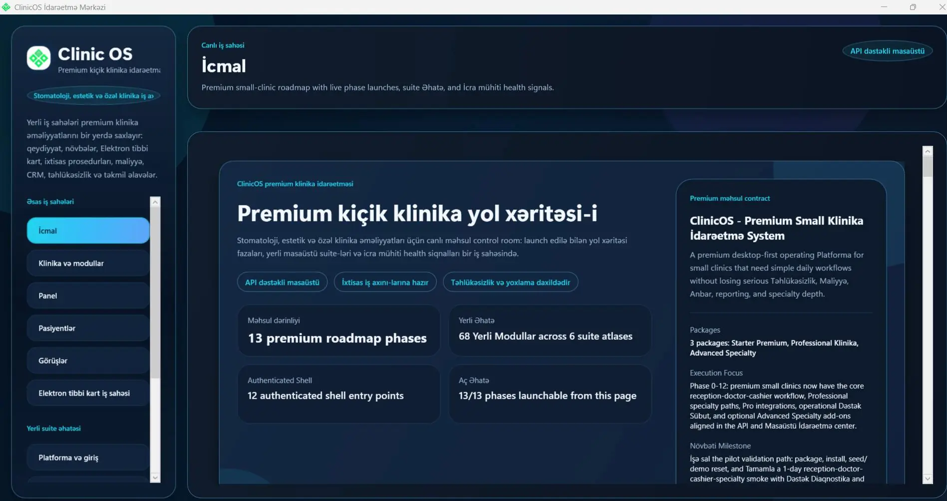 Klinika idarəetmə sistemi premium icmal paneli